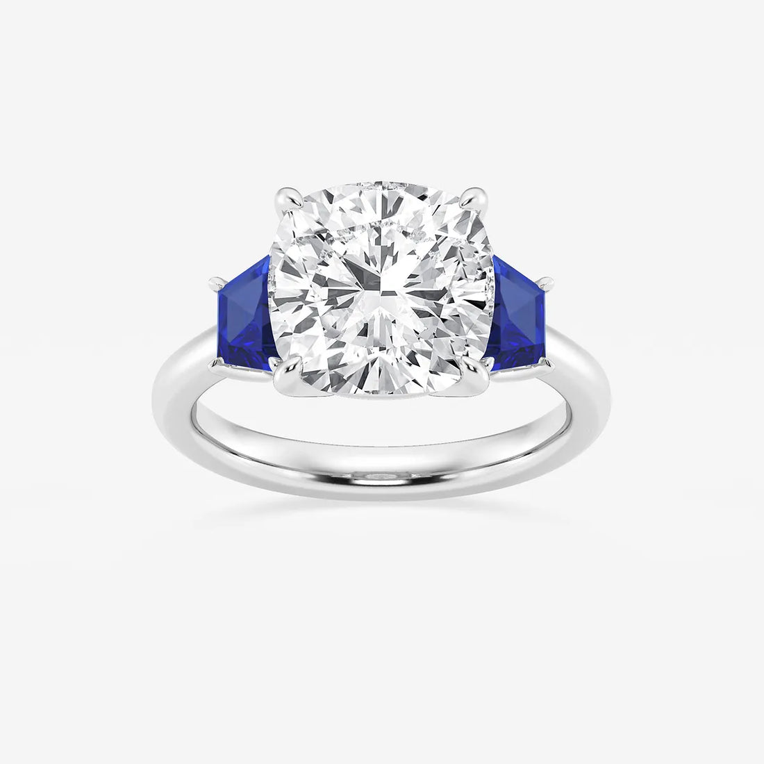 Cushion Lab-Grown Diamond & Trapezoid Sapphire Three-Stone Engagement Ring