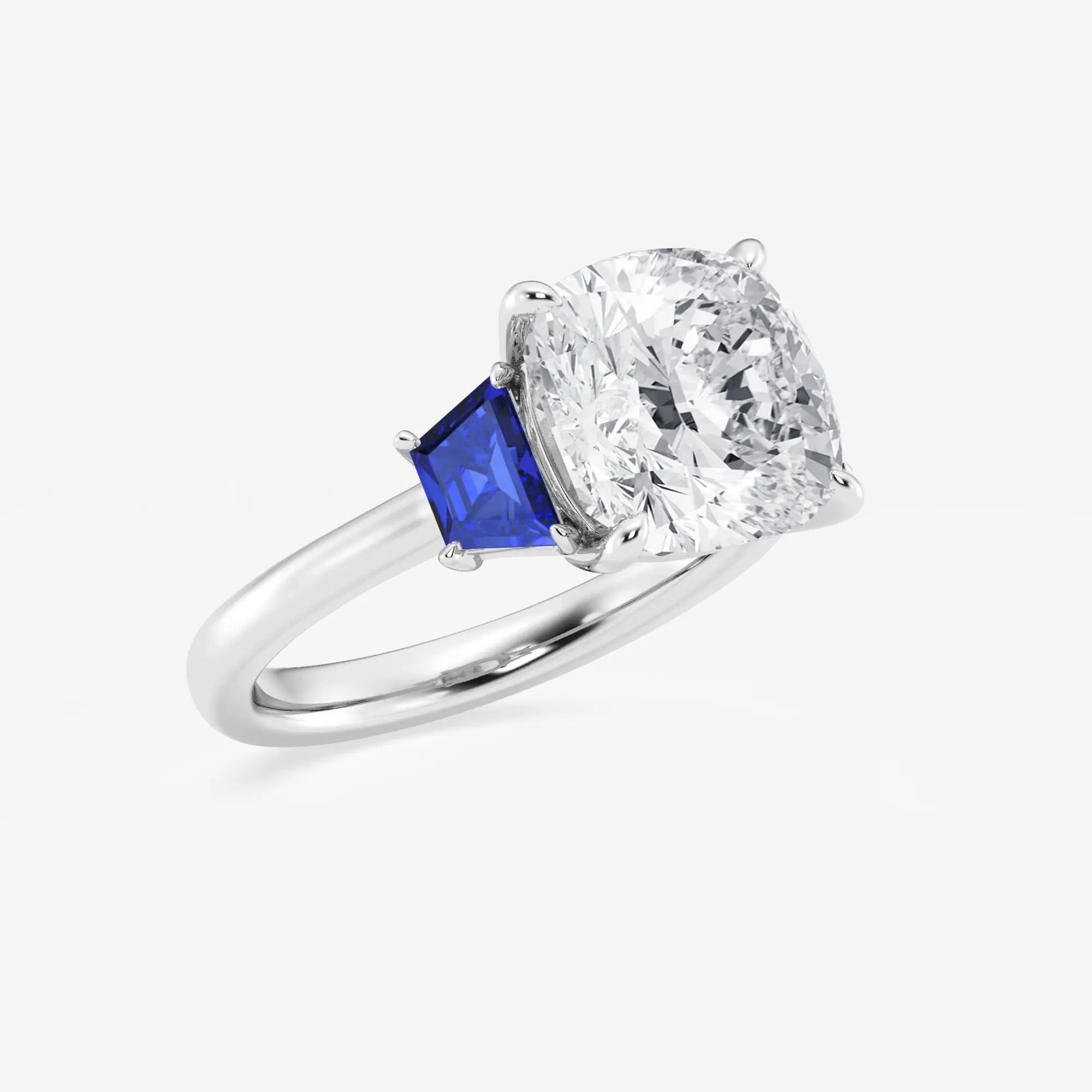 Cushion Lab-Grown Diamond & Trapezoid Sapphire Three-Stone Engagement Ring