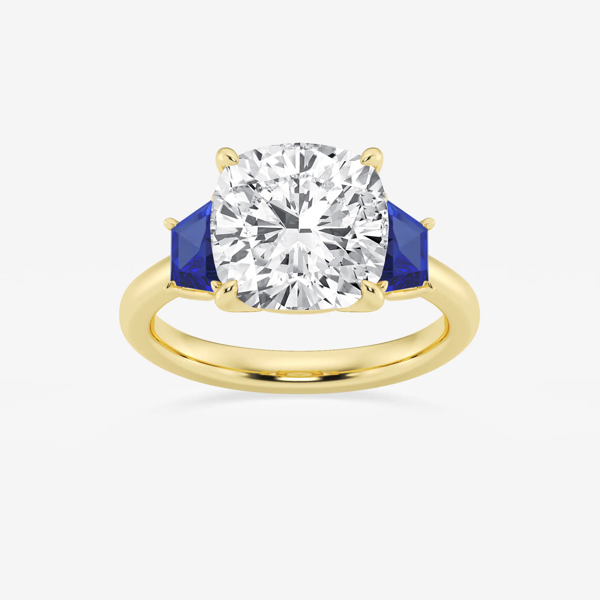 Cushion Lab-Grown Diamond & Trapezoid Sapphire Three-Stone Engagement Ring