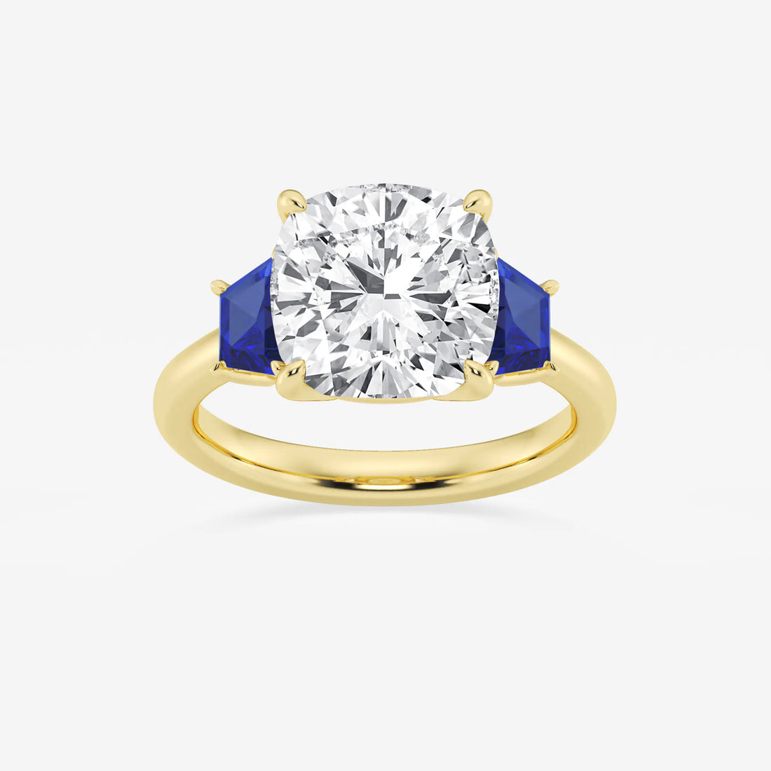 Cushion Lab-Grown Diamond & Trapezoid Sapphire Three-Stone Engagement Ring