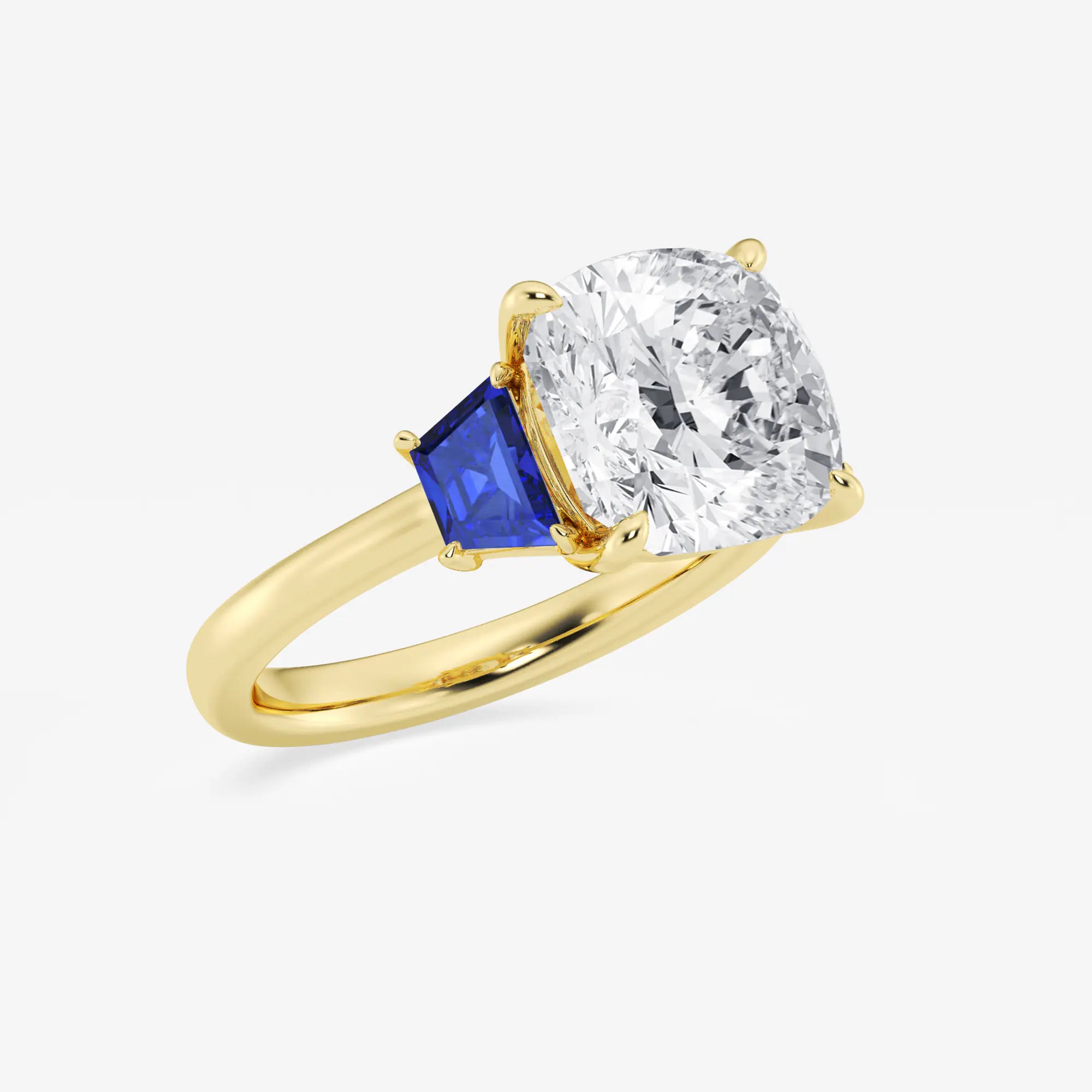 Cushion Lab-Grown Diamond & Trapezoid Sapphire Three-Stone Engagement Ring