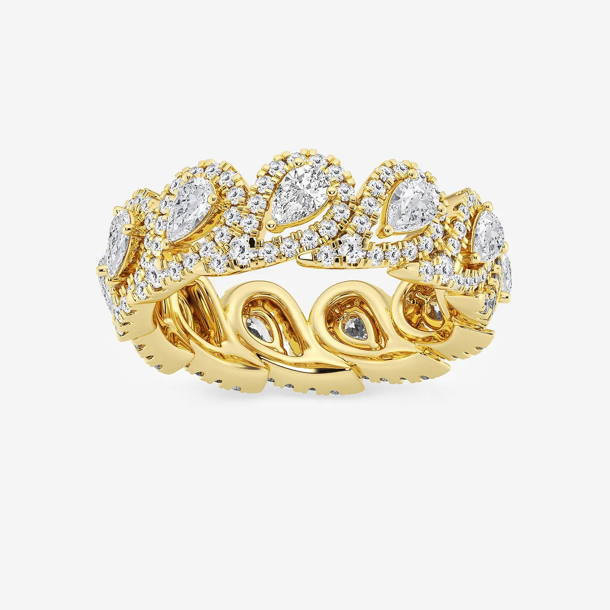 Pear Shape Lab Grown Diamond Halo Eternity Band Ring in Solid Gold