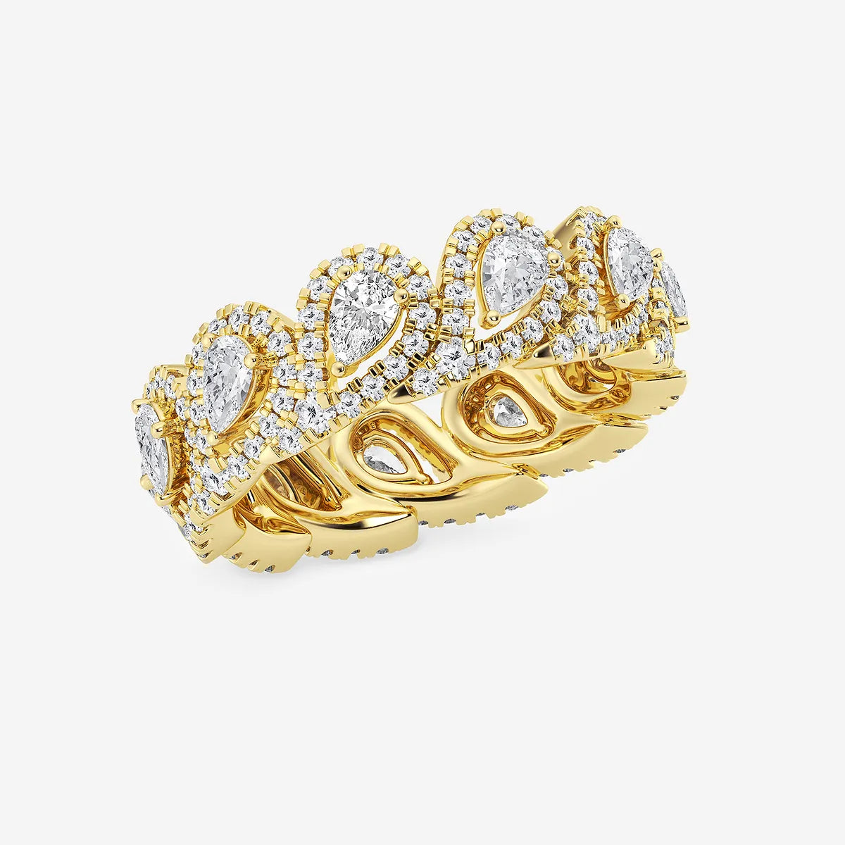 Pear Shape Lab Grown Diamond Halo Eternity Band Ring in Solid Gold
