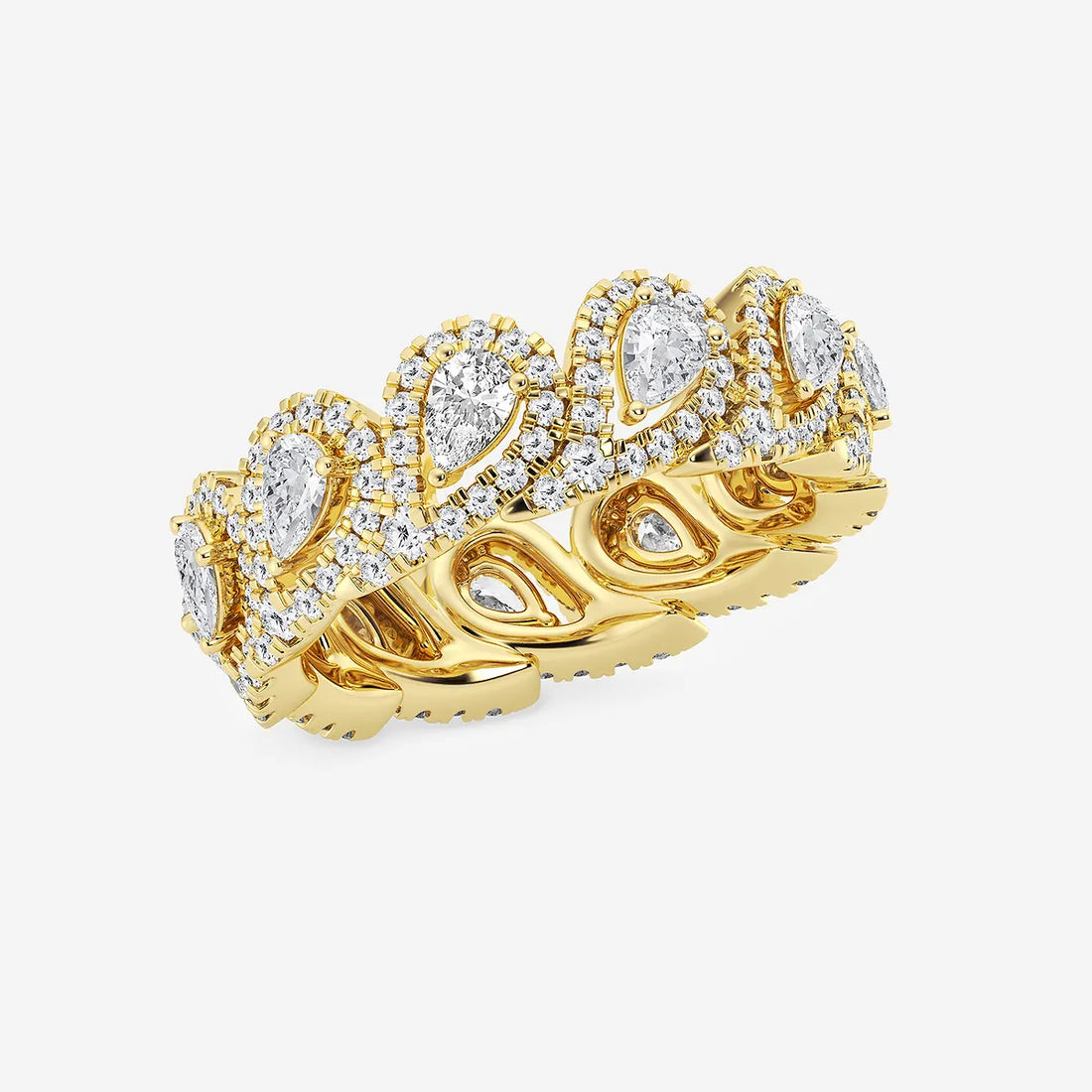 Pear Shape Lab Grown Diamond Halo Eternity Band Ring in Solid Gold