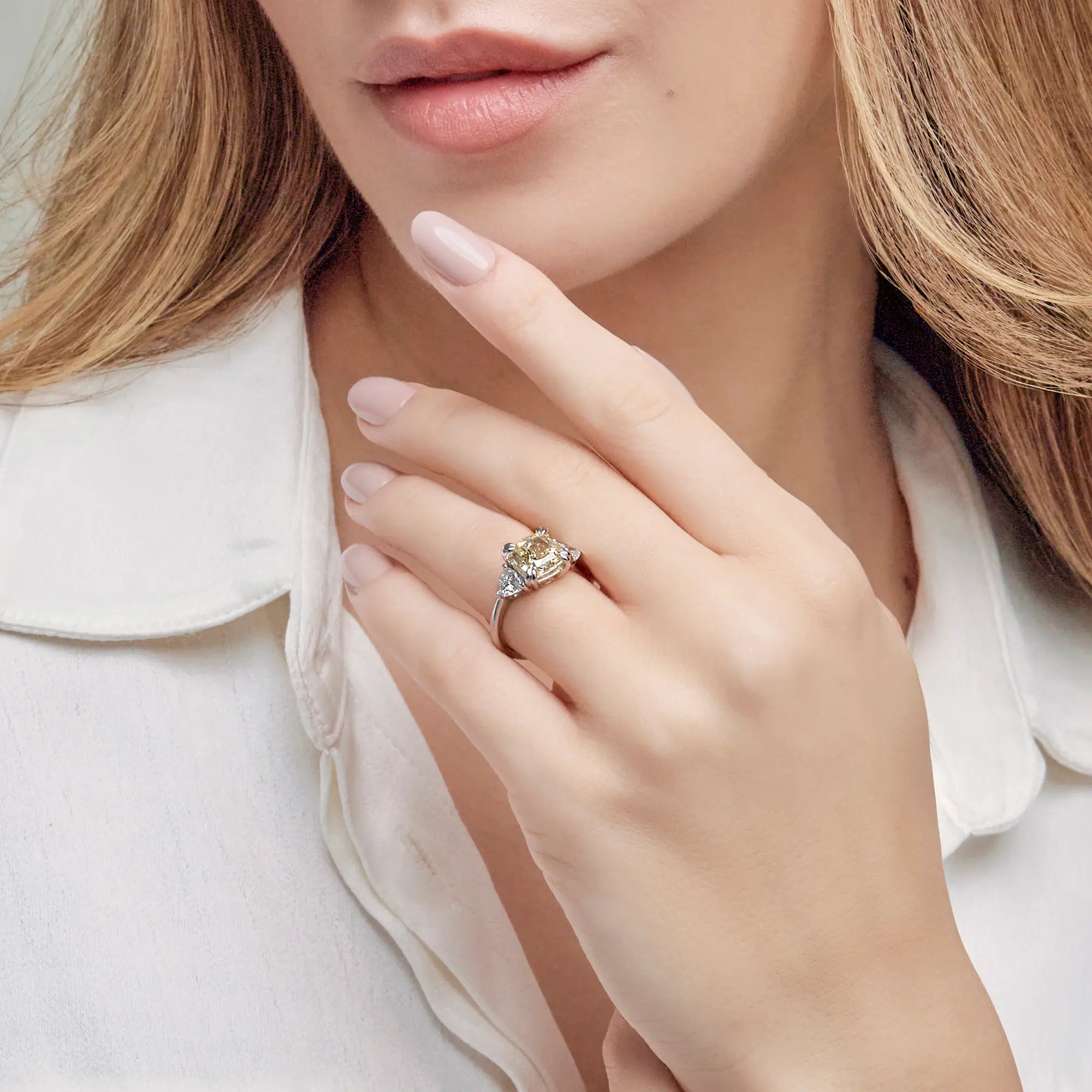 Fancy Yellow Cushion Lab Grown Diamond Three Stone Engagement Ring