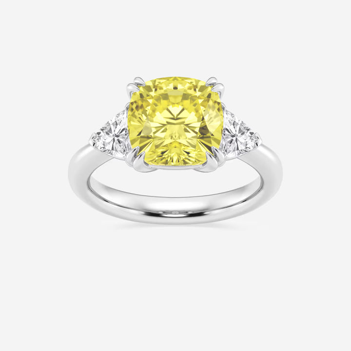 Fancy Yellow Cushion Lab Grown Diamond Three Stone Engagement Ring