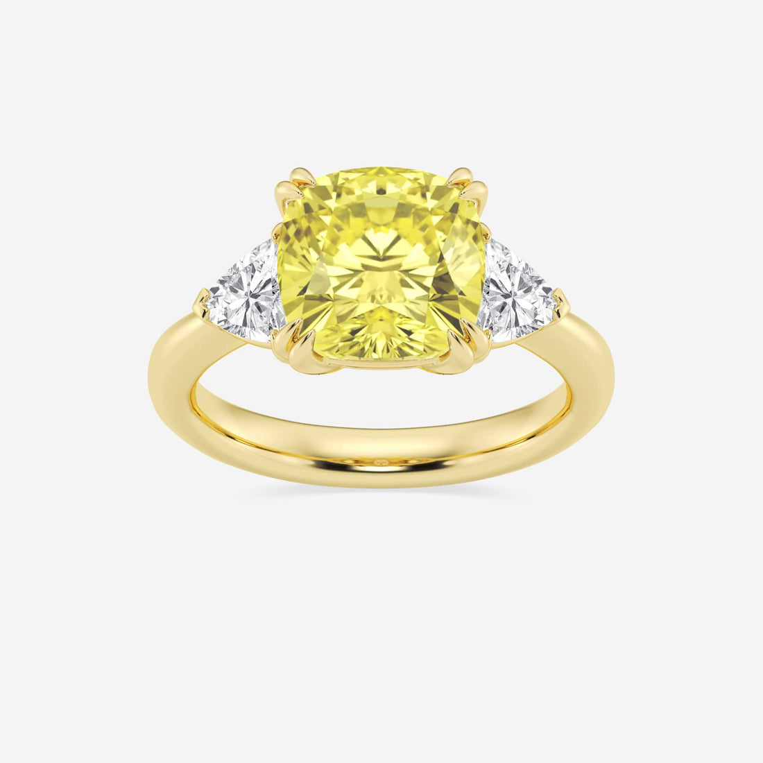 Fancy Yellow Cushion Lab Grown Diamond Three Stone Engagement Ring