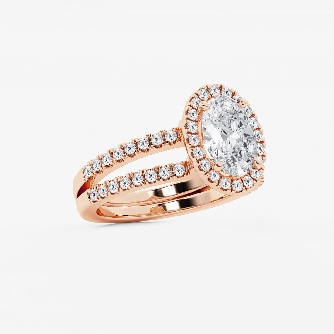 Oval Cut Lab-Grown Diamond Double Shank Halo Engagement Ring