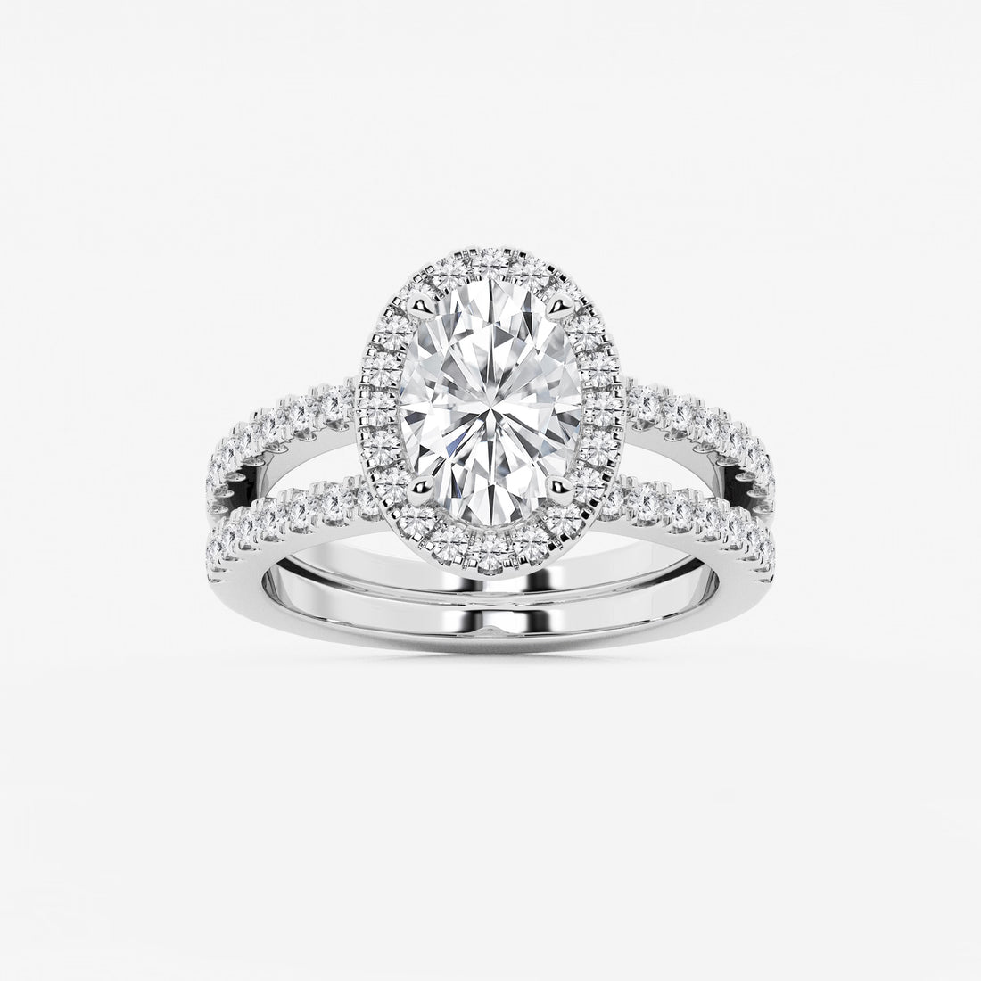 Oval Cut Lab-Grown Diamond Double Shank Halo Engagement Ring