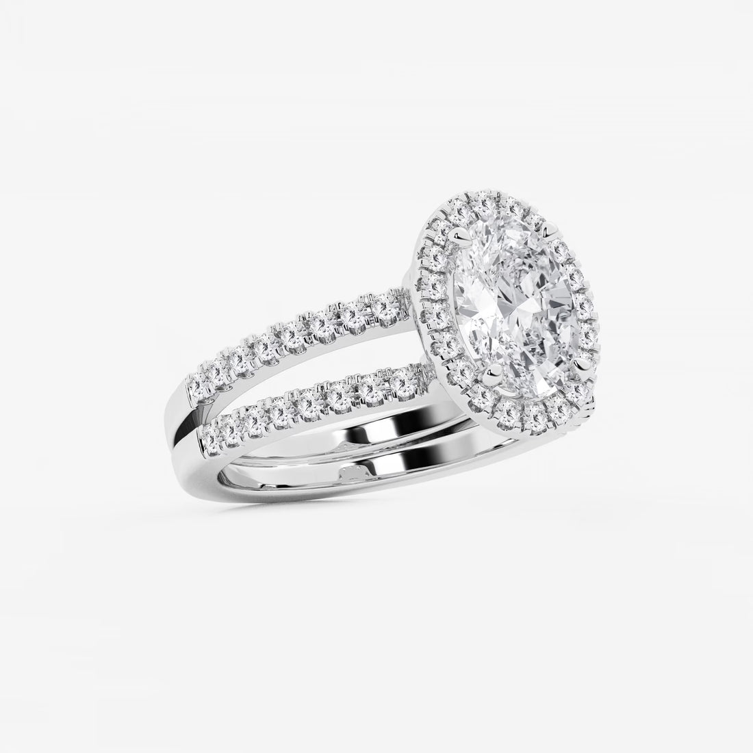 Oval Cut Lab-Grown Diamond Double Shank Halo Engagement Ring