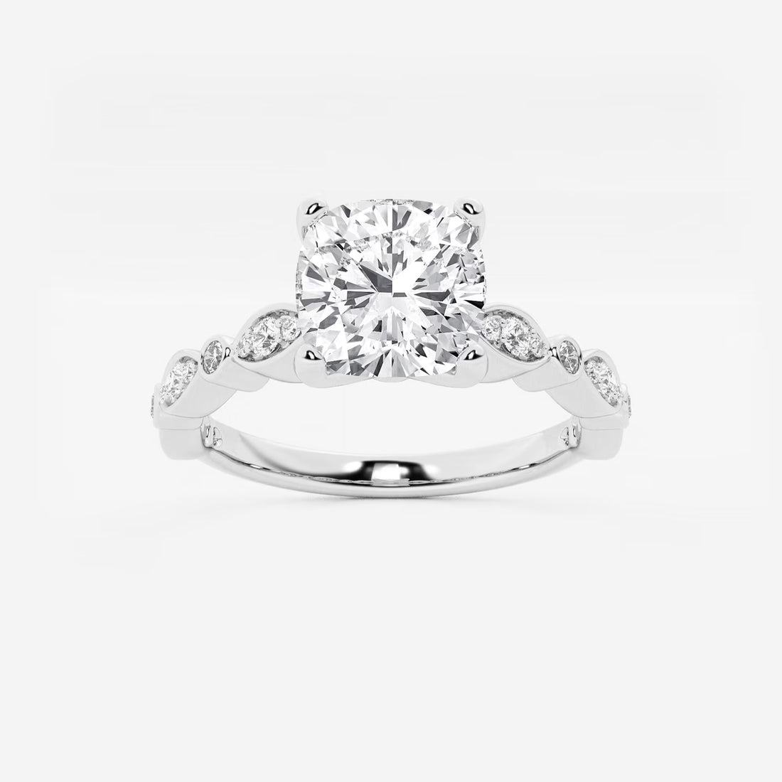 Cushion Lab Grown Diamond Engagement Ring with Marquise Shape Side Accents