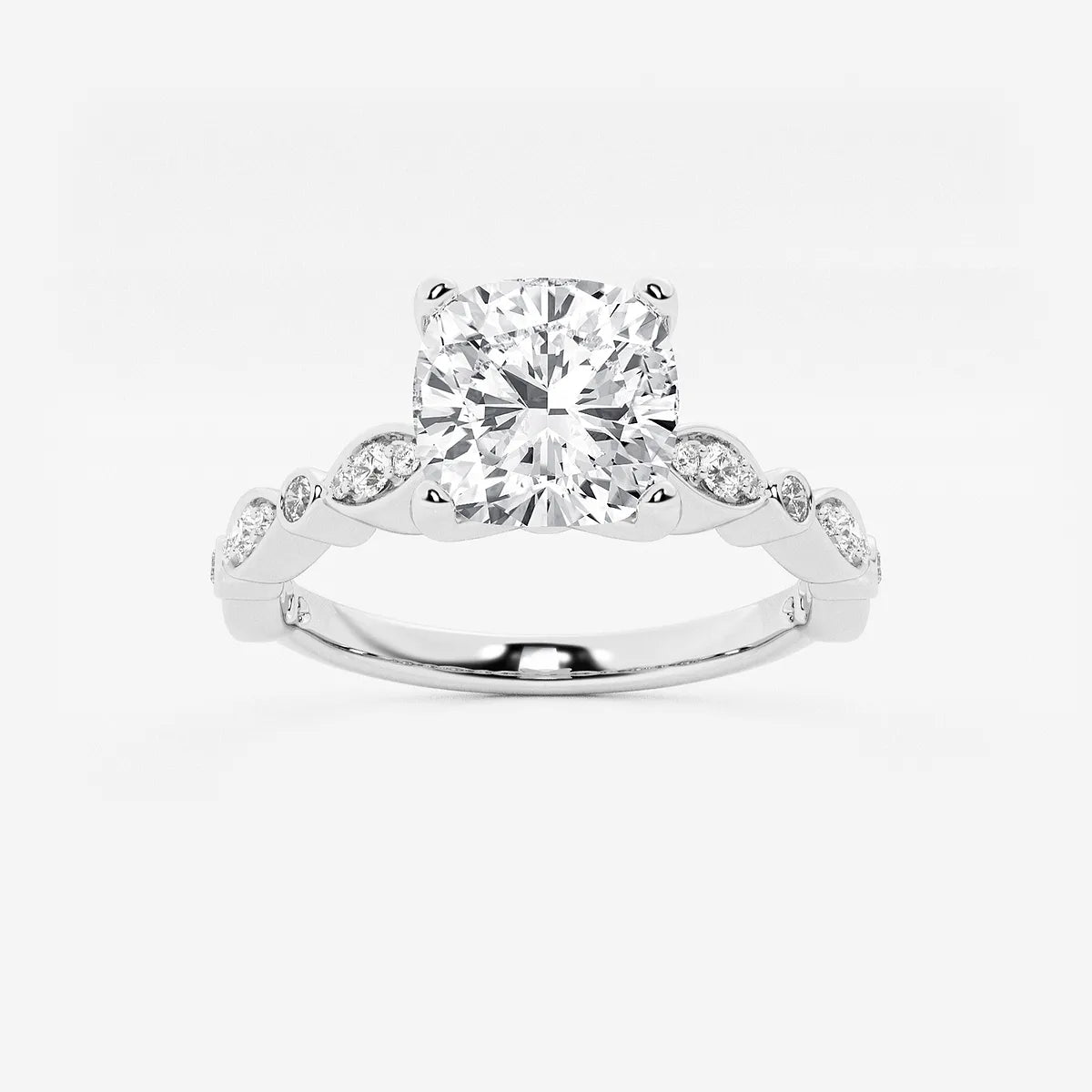 Cushion Lab Grown Diamond Engagement Ring with Marquise Shape Side Accents