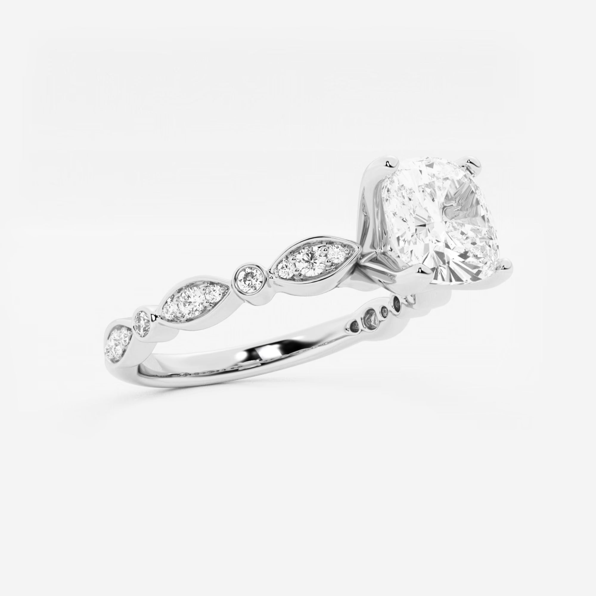 Cushion Lab Grown Diamond Engagement Ring with Marquise Shape Side Accents