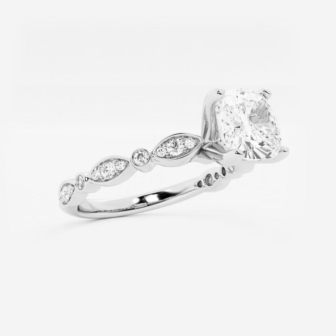 Cushion Lab Grown Diamond Engagement Ring with Marquise Shape Side Accents