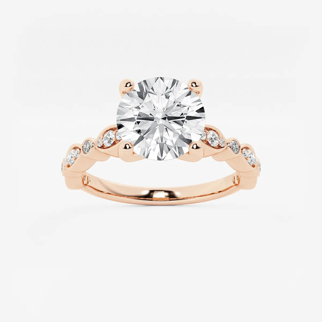 Round Lab Grown Diamond Engagement Ring with Marquise Side Accents