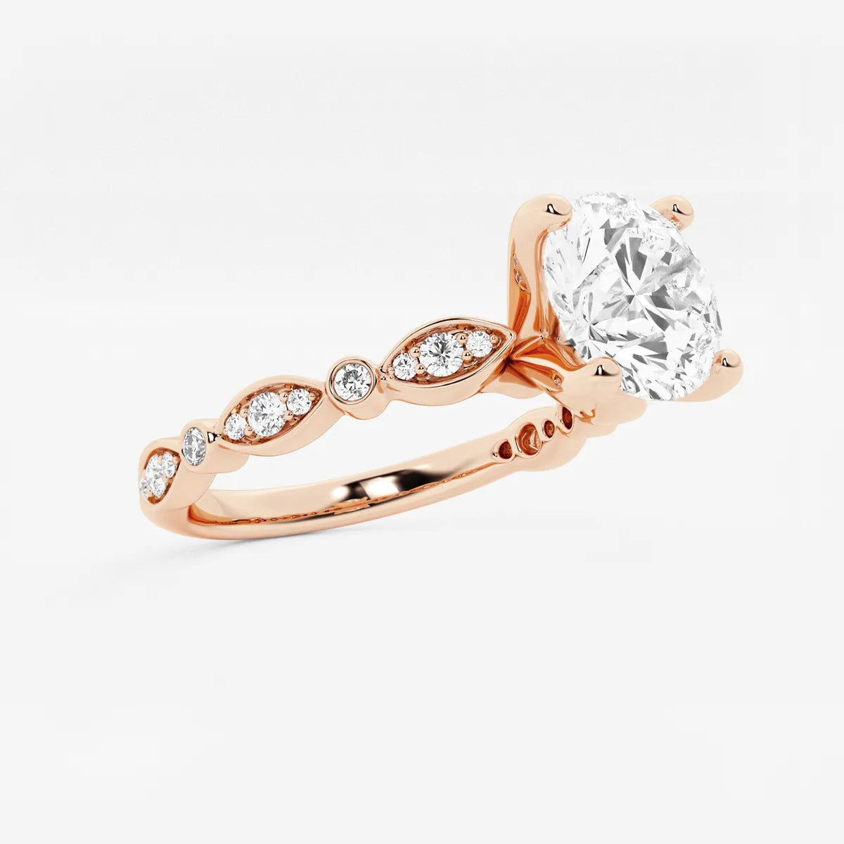 Round Lab Grown Diamond Engagement Ring with Marquise Side Accents