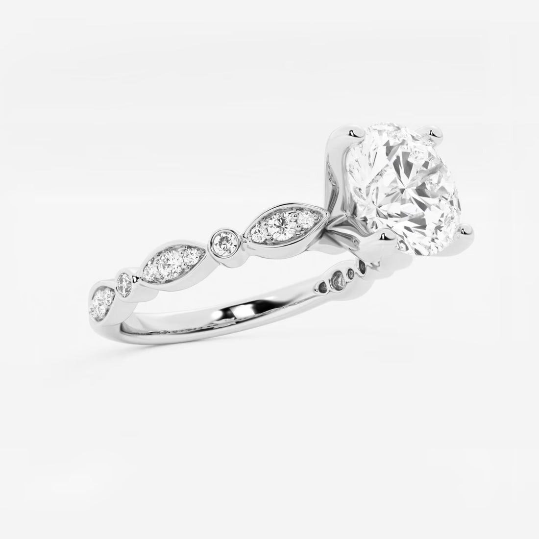 Round Lab Grown Diamond Engagement Ring with Marquise Side Accents