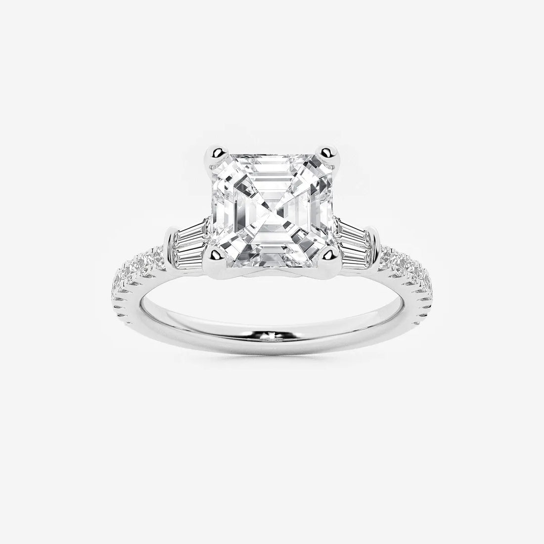 Asscher Lab Grown Diamond Engagement Ring with Double Baguette Side Accents