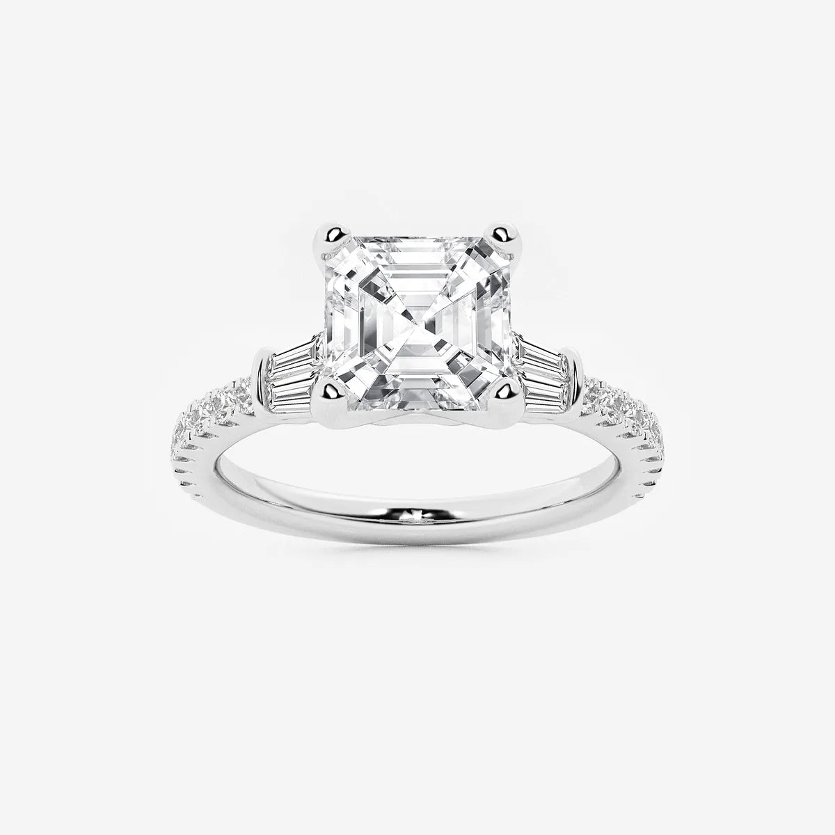 Asscher Lab Grown Diamond Engagement Ring with Double Baguette Side Accents