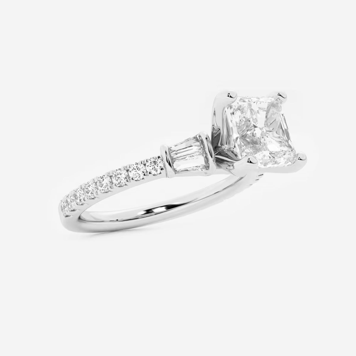 Asscher Lab Grown Diamond Engagement Ring with Double Baguette Side Accents