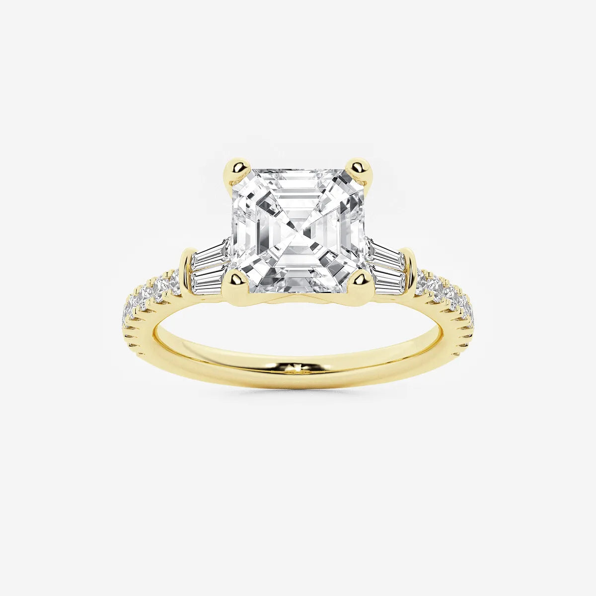 Asscher Lab Grown Diamond Engagement Ring with Double Baguette Side Accents