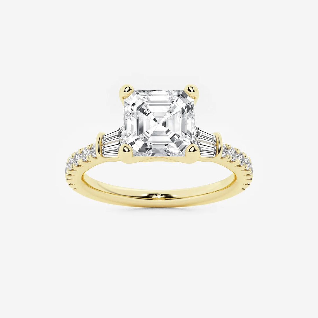 Asscher Lab Grown Diamond Engagement Ring with Double Baguette Side Accents