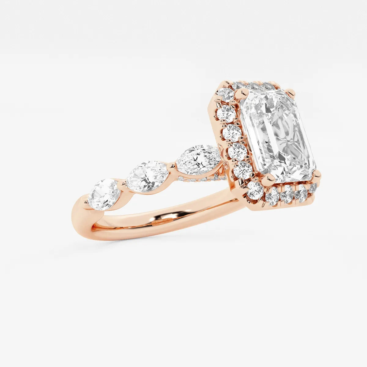 Aether Bloom Emerald Cut Lab-Grown Diamond Floating Marquise Halo Engagement Ring