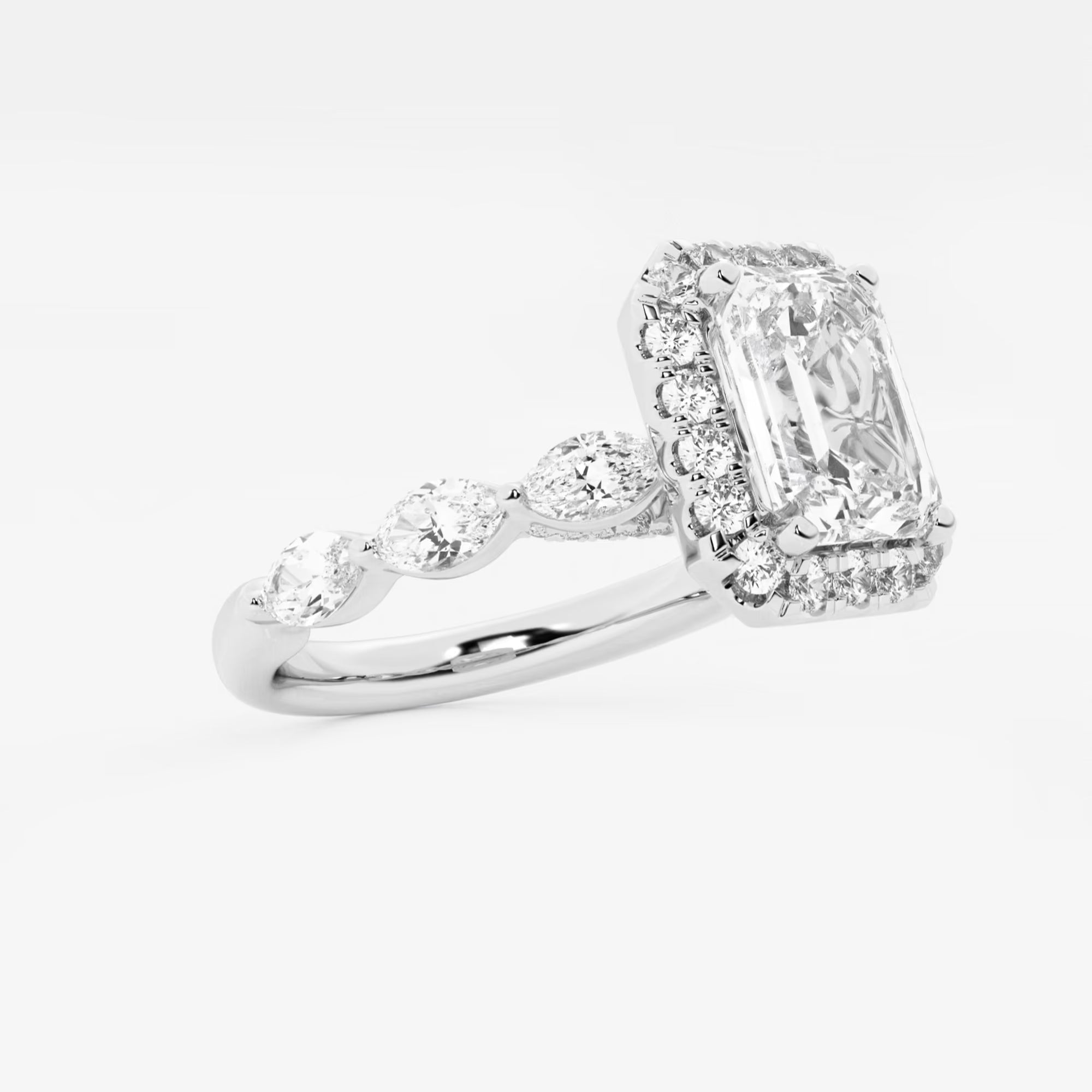 Aether Bloom Emerald Cut Lab-Grown Diamond Floating Marquise Halo Engagement Ring