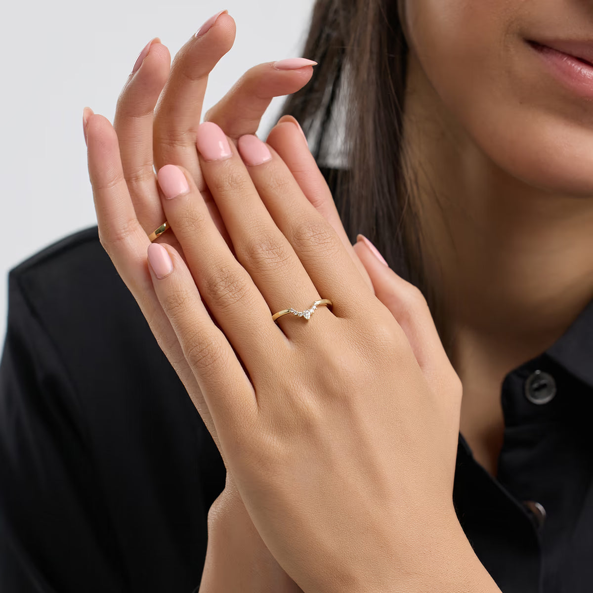 Pear & Round Lab Grown Diamond Crescent Tiara Stackable Ring in Solid Gold