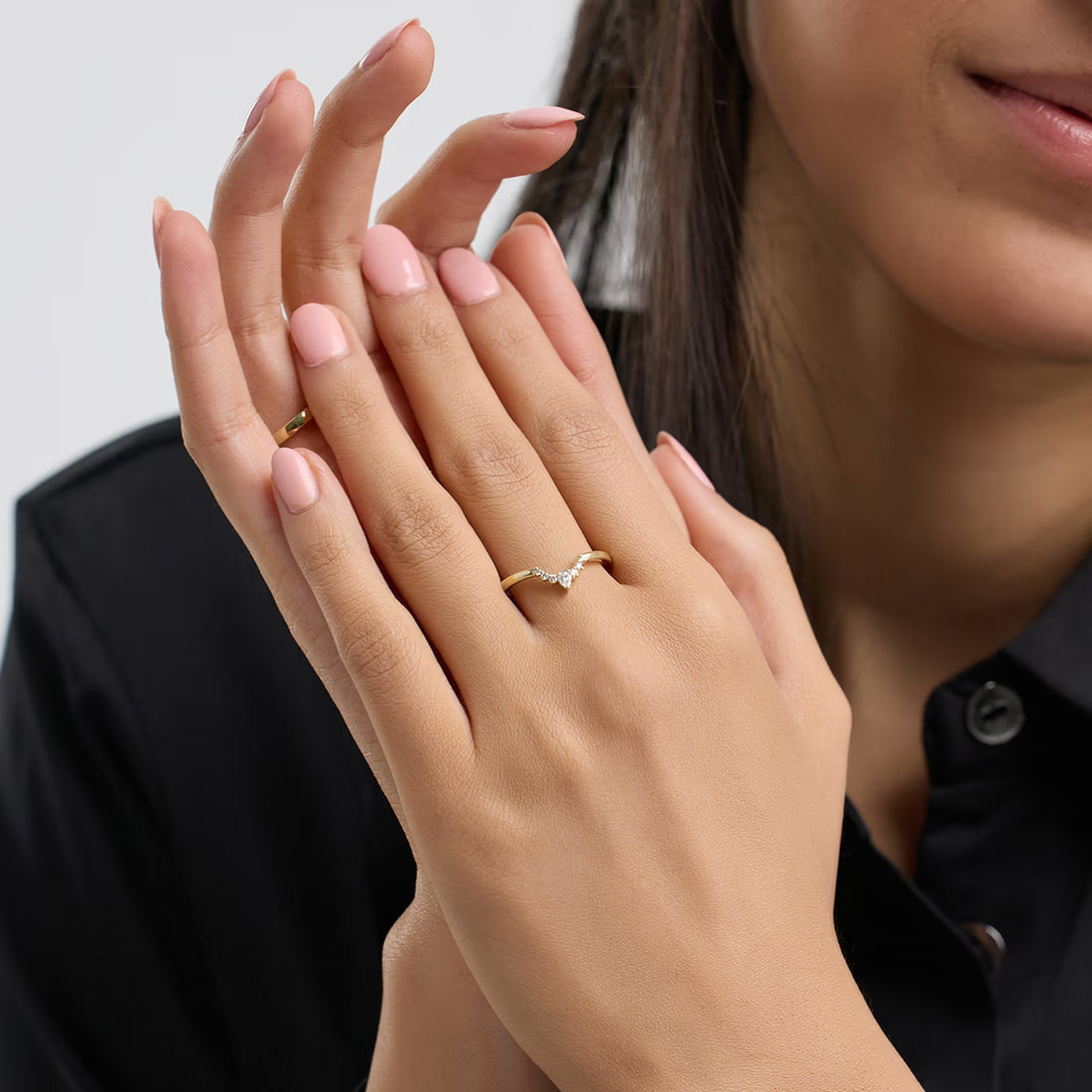 Pear & Round Lab Grown Diamond Crescent Tiara Stackable Ring in Solid Gold