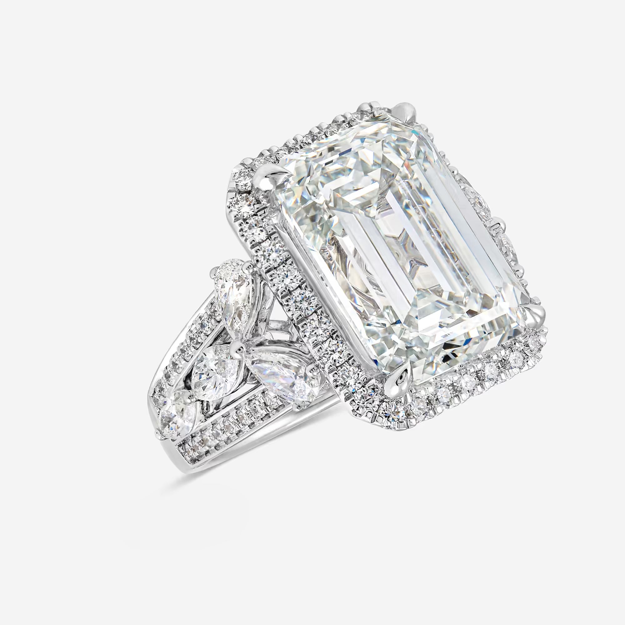 Emerald Cut Halo Engagement Ring Pave Diamond Halo & Marquise Pear Cluster Shoulders