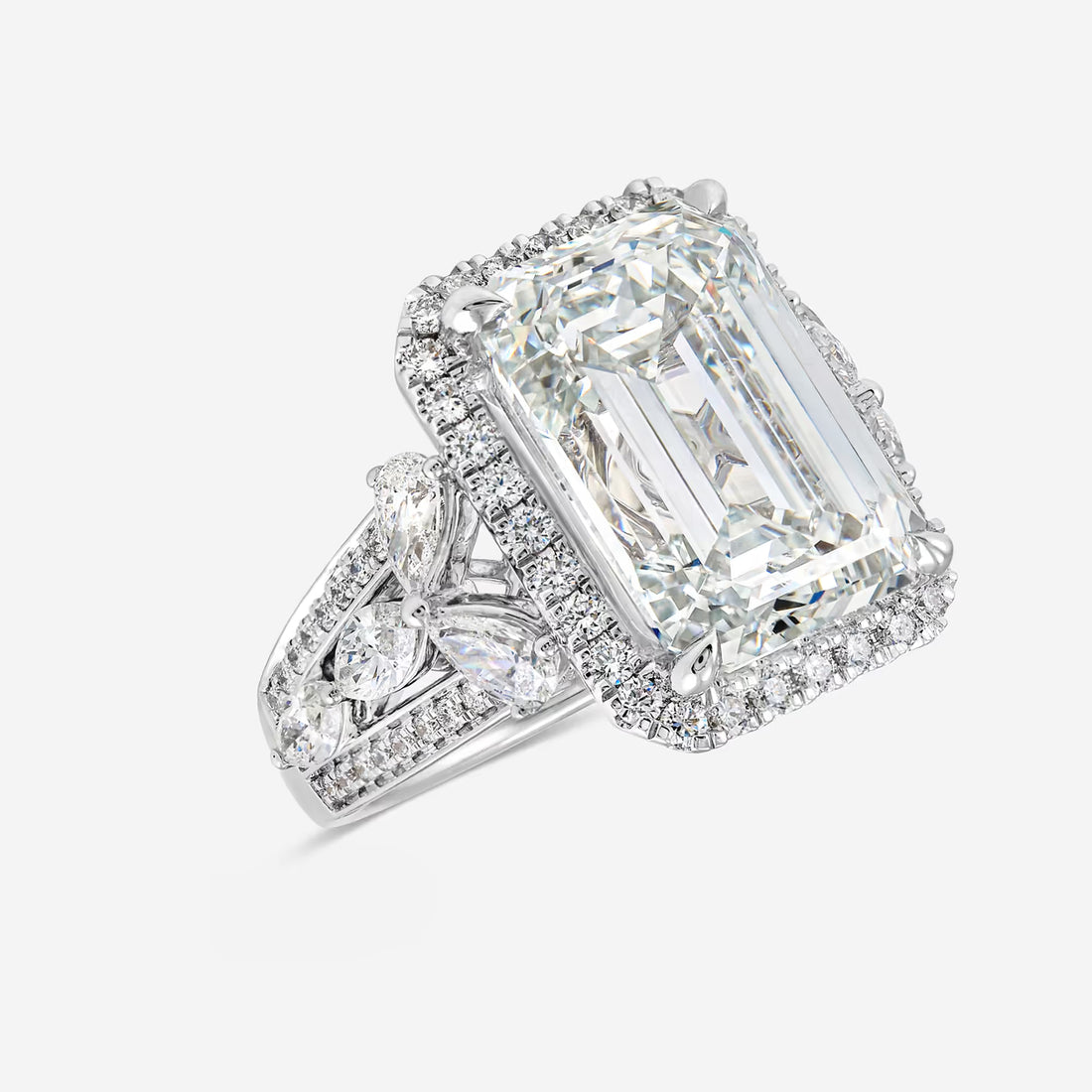 Emerald Cut Halo Engagement Ring Pave Diamond Halo & Marquise Pear Cluster Shoulders