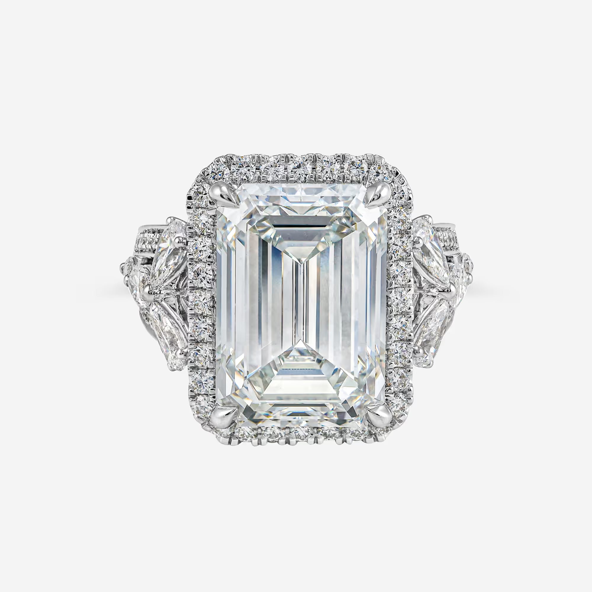 Emerald Cut Halo Engagement Ring Pave Diamond Halo & Marquise Pear Cluster Shoulders