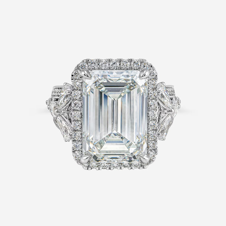 Emerald Cut Halo Engagement Ring Pave Diamond Halo & Marquise Pear Cluster Shoulders
