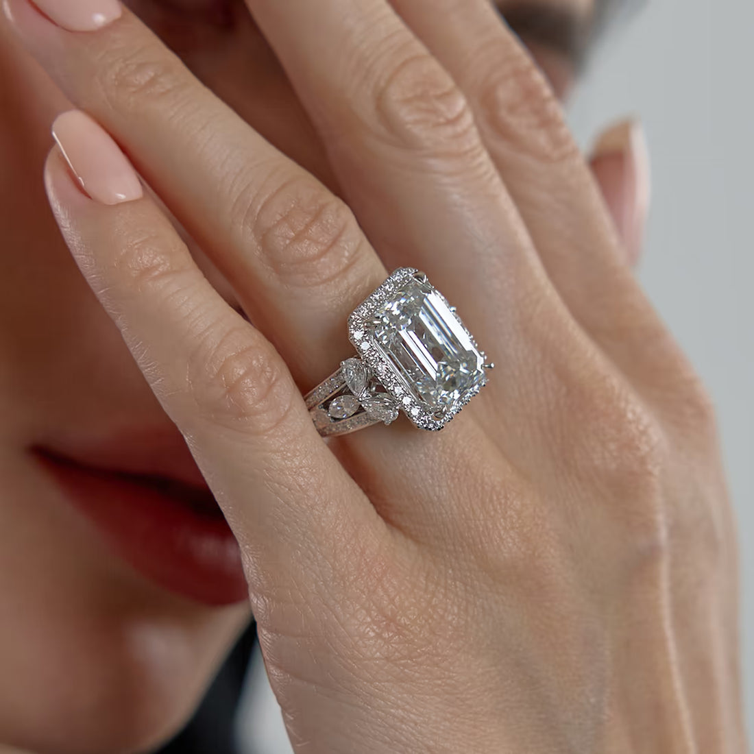 Emerald Cut Halo Engagement Ring Pave Diamond Halo & Marquise Pear Cluster Shoulders